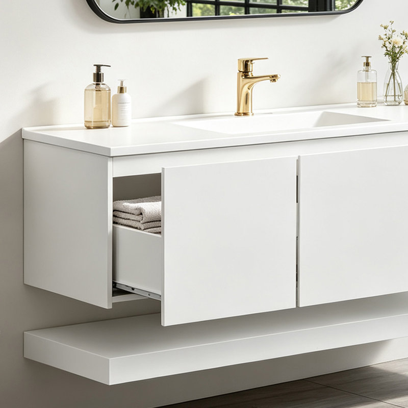 Meuble-lavabo suspendu de 122 cm (48 po) avec lavabo, 3 tiroirs et tablette inférieure ouverte