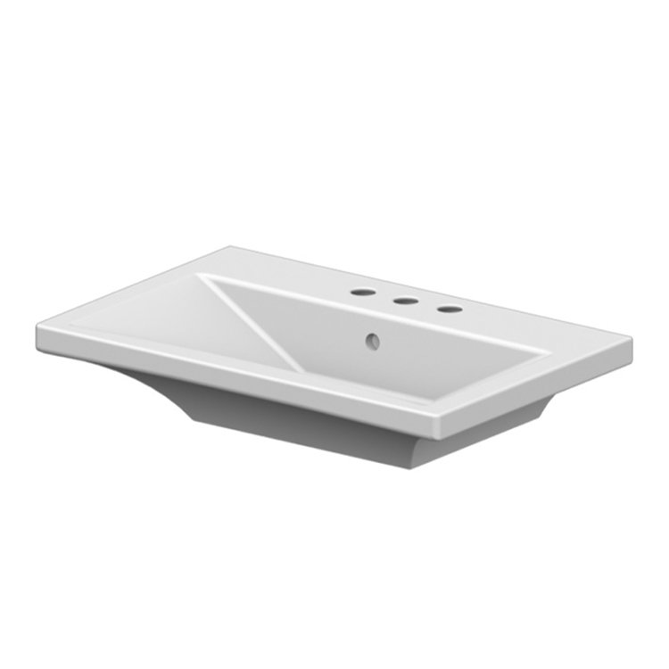 Lavabo de salle de bain vasque rectangulaire en céramique avec trop-plein Butterfly, Trois trous