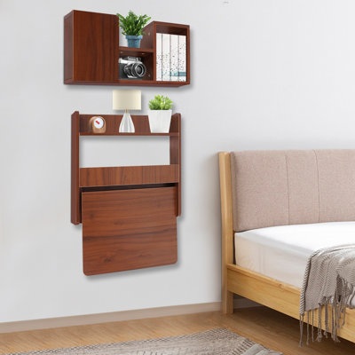Wall Mounted Solid Wooden Rectangular Bookshelf Folding Down Laptop Writing Desk Log Colour