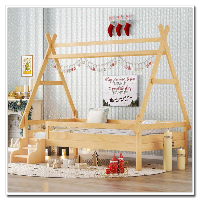 Lit plateforme double avec escalier, Naturel, Double