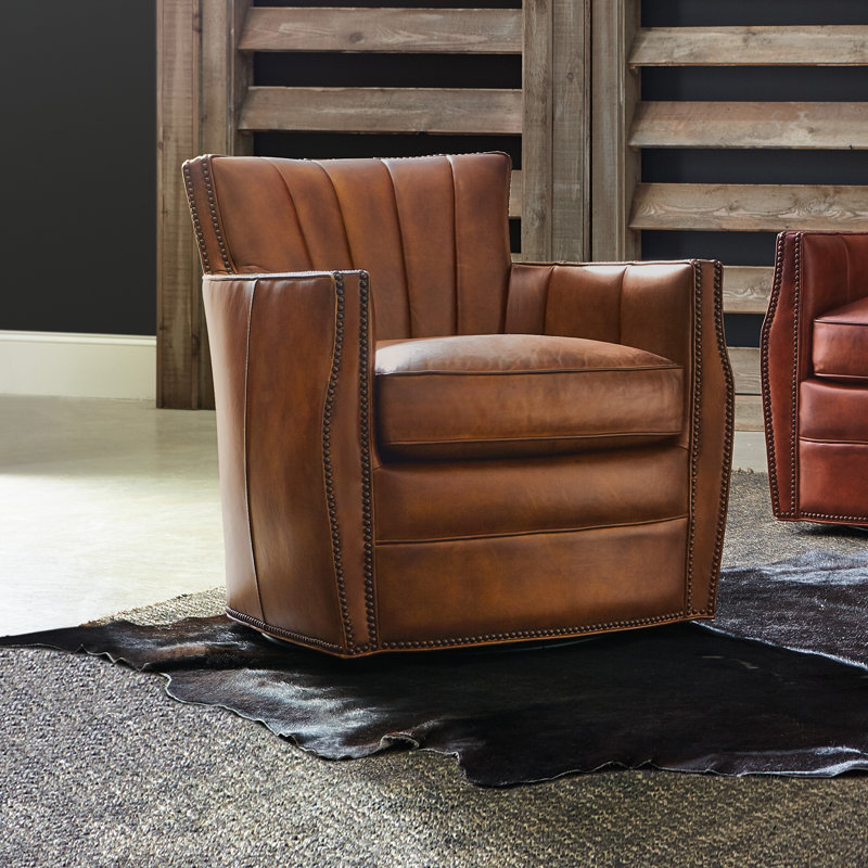 Carson Swivel Club Chair, Brown Genuine Leather