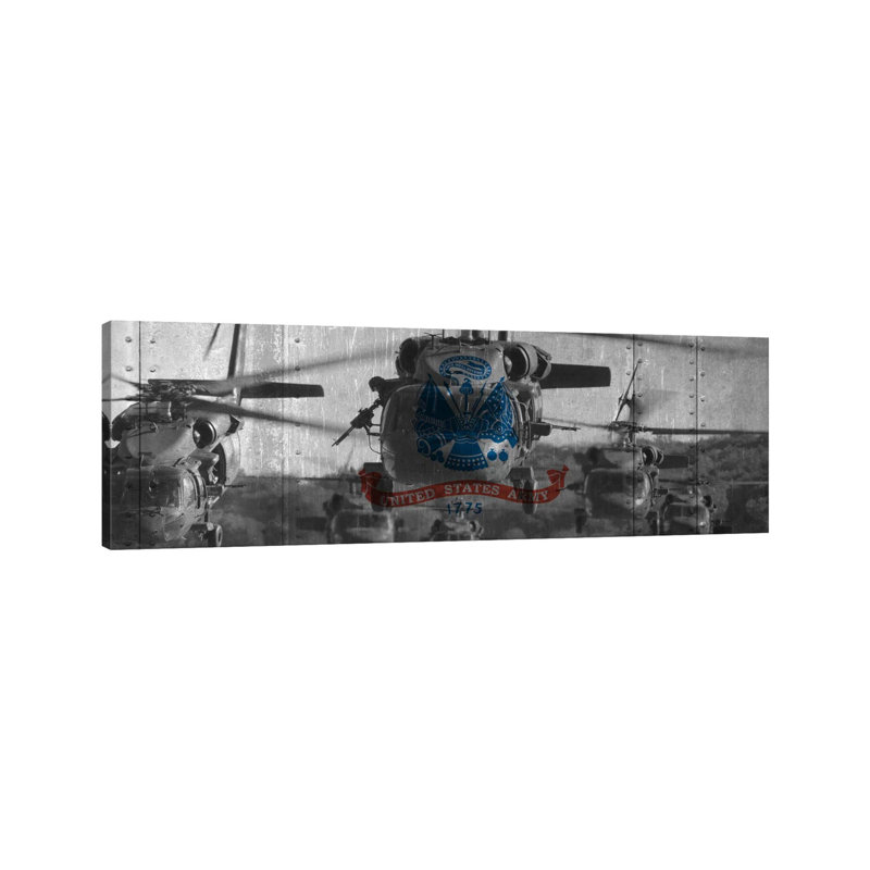 U.S. Army Riveted Metal Flag (Sikorsky Black Hawk Formation Background) - Wrapped Canvas Panoramic Print