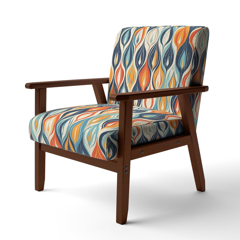 Orange and Blue Botanical Symphony III - Upholstered Abstract Accent Chair and Modern Chair, Brown Square Arms