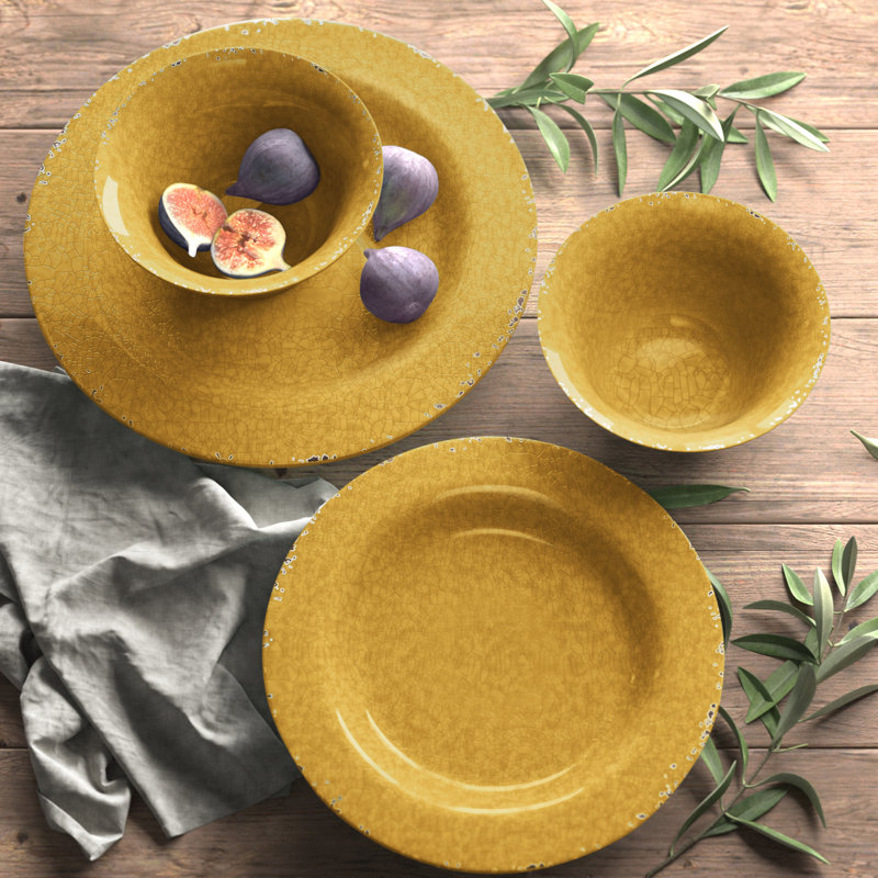 Golden Yellow Crackle Design Melamine Dinnerware Set, Service for 4