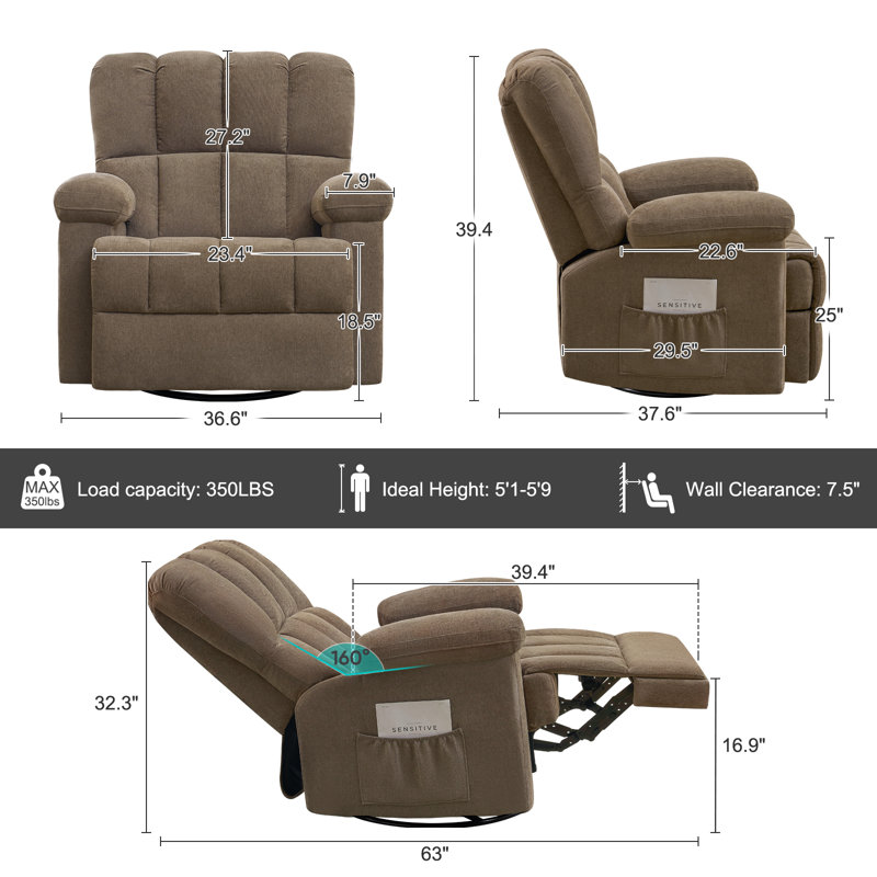 Fauteuil inclinable pivotant revêtu de tissu d'ameublement Begie, Chenille brun