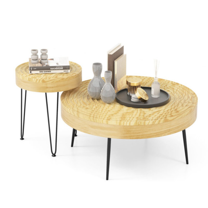 Round Natural Wood and Metal Nesting Coffee Table Set