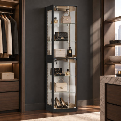 Armoire vitrée verrouillable de 168 cm de hauteur avec étagères en verre trempé, fond miroir et éclairage DEL tricolore.
