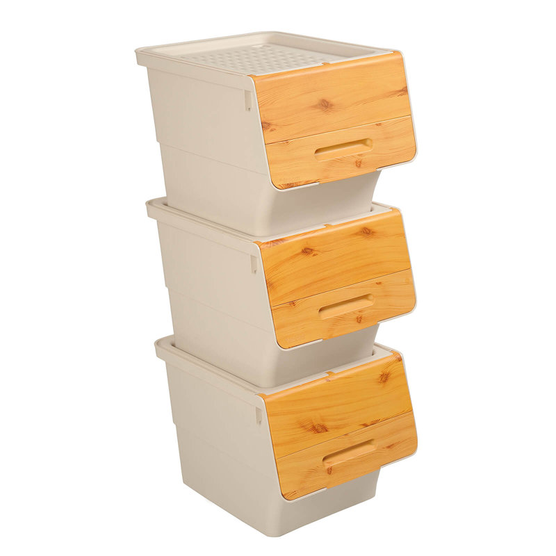 3 PCS Storage Bins on Wheels with Stay-Open Lid for Kitchen Bedroom Laundry Closet, White + Natural