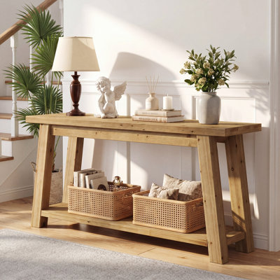 70.8'' Long Solid Wood Entryway Console Table With Shelf, 1.97'' Thick One-piece Solid Wood Tabletop