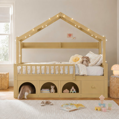 Cadre de lit simple pour enfant Montessori avec DEL, garde-corps, tiroirs de rangement et casier, lit en bois, naturel