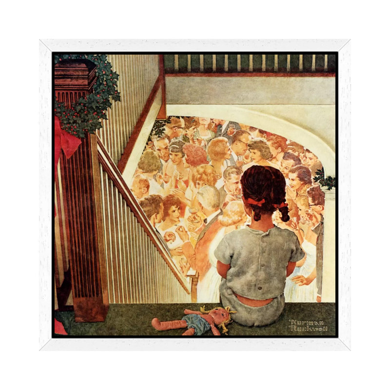 Little Girl Looking Downstairs At Christmas Party by Norman Rockwell - Floater Frame Painting on Canvas, White