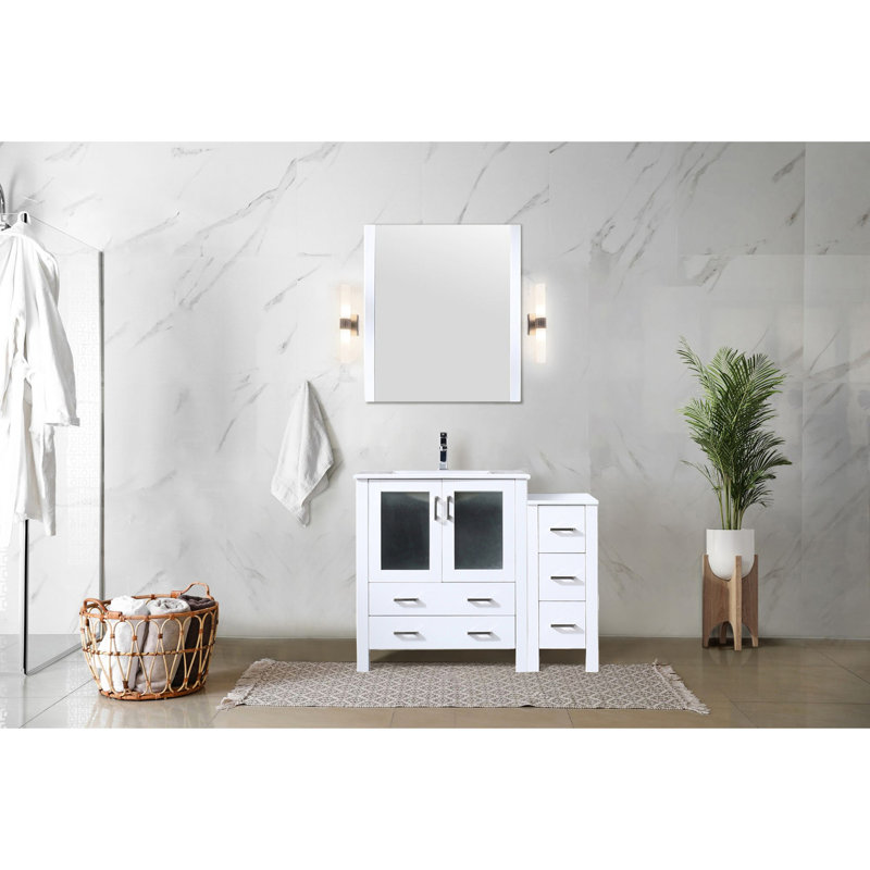 Blanc 42 po Meuble-lavabo de salle de bain avec armoire latérale, robinet, comptoir en céramique, miroir 28 et protection contre les égratignures