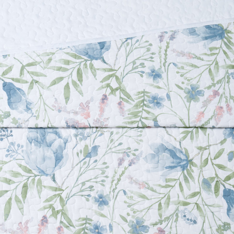 Field Blue/Green/Pink Reversible Quilt Set, Queen Quilt + 2 Standard Shams