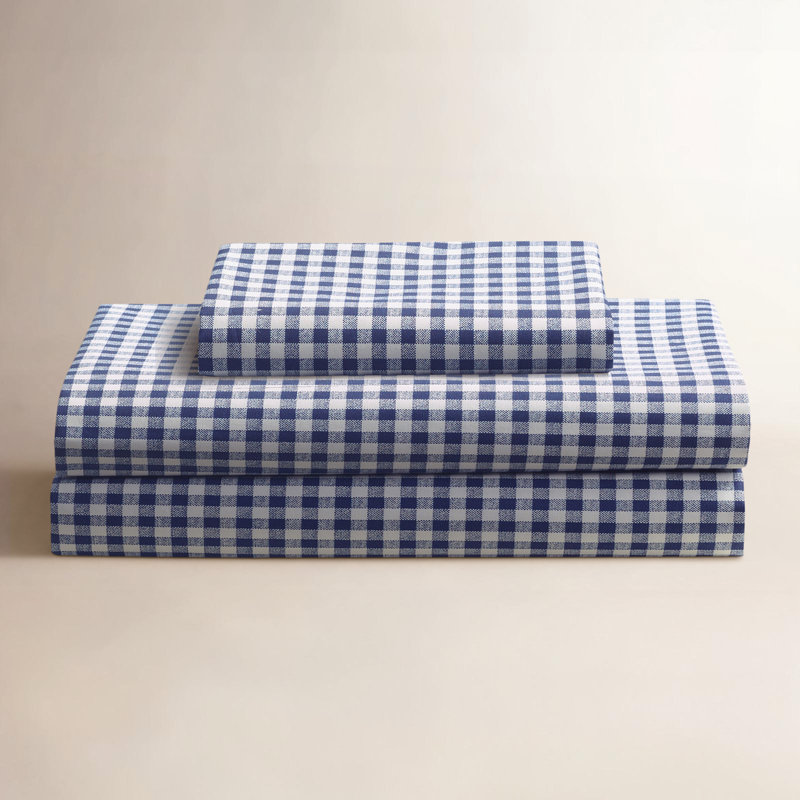 Ensemble de draps en percale 100% coton à densité de tissage 250 fils Gingham, Bleu marine