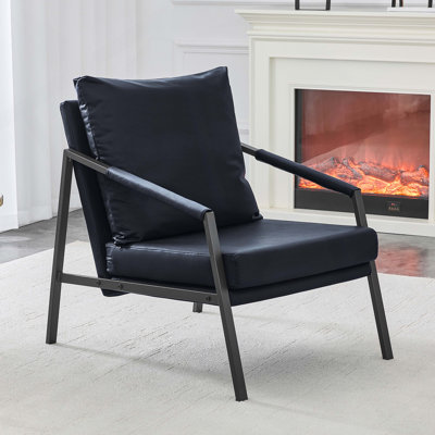 Fauteuil d'appoint moderne en similicuir, fauteuil rembourré simple avec structure en métal noir robuste, fauteuil de lecture industriel pour salon, chambre, bureau, salle d'attente