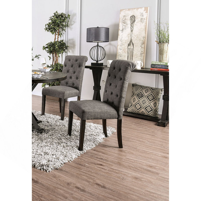 Ensemble de 2 chaises d'appoint classique classique noir / gris capitonné à boutons en lin massif, Gris