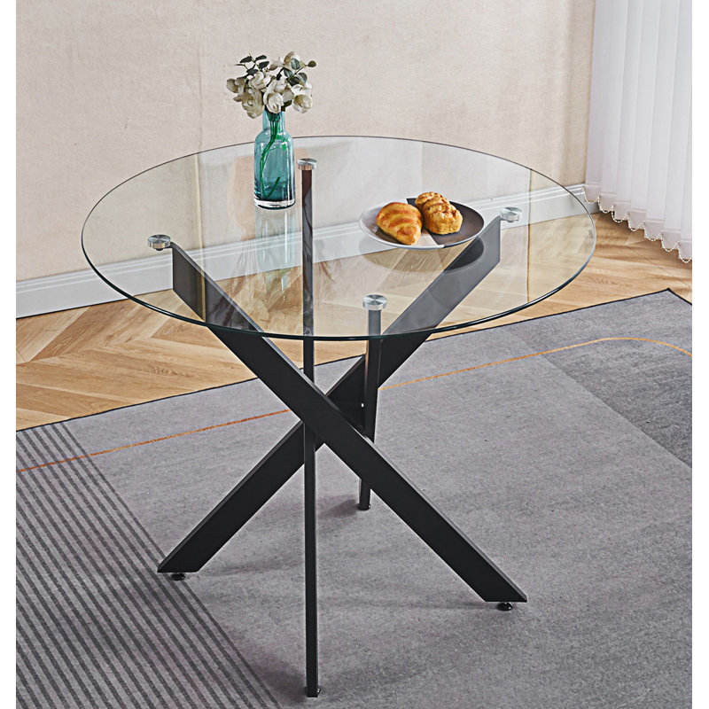 Table de salle à manger avec pieds en croix en métal et plateau en verre trempé, Noir