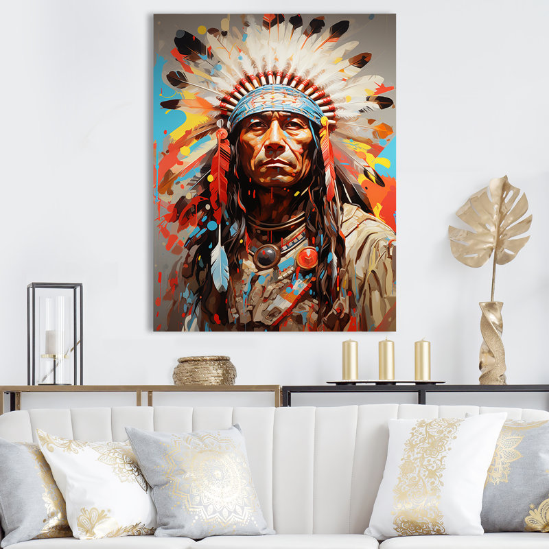 Native American Warrior Portrait - Art mural américain encadré, Toile tendue, H 32 po x l 24 po x P 1 po