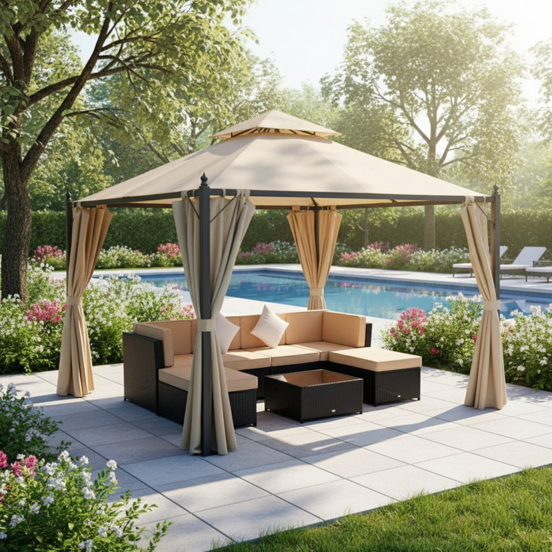 Pavillon de jardin extérieur en acier 10 'x 10' avec rideaux d'intimité en polyester