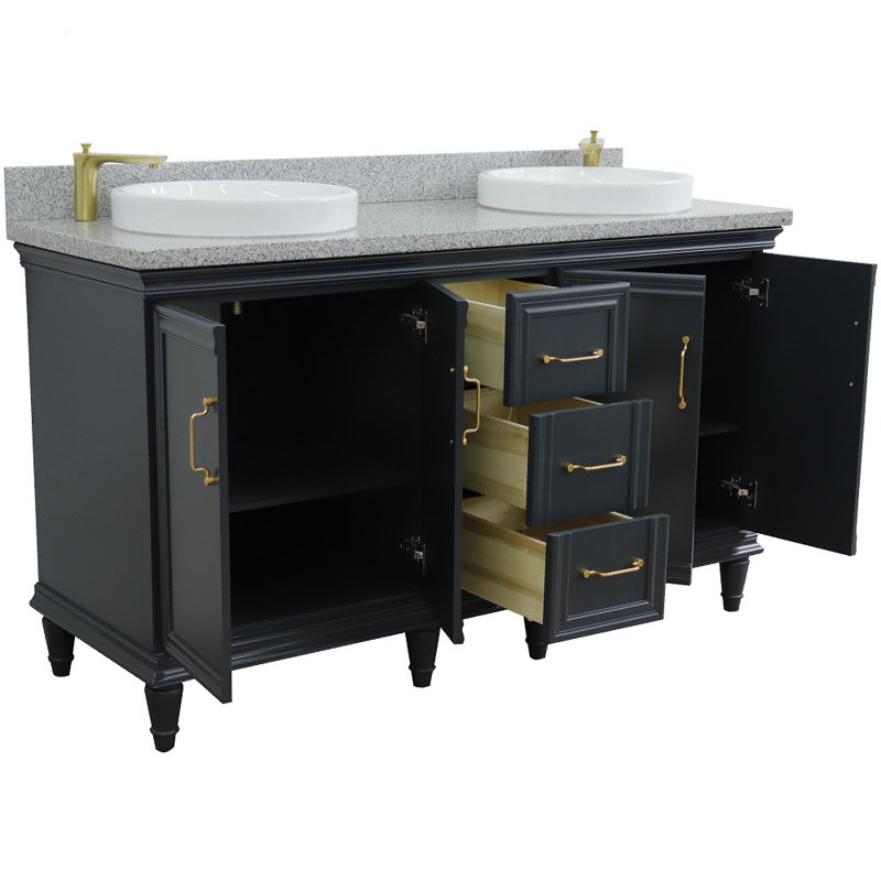 Pompano 61'' Double Bathroom Vanity with Top, Dark Gray, Gray