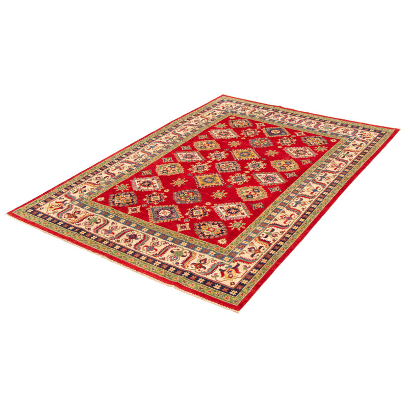 Tapis rouge / jaune en laine noué à la main de conception unique 6 pi 8 po x 9 pi 9 po Okey