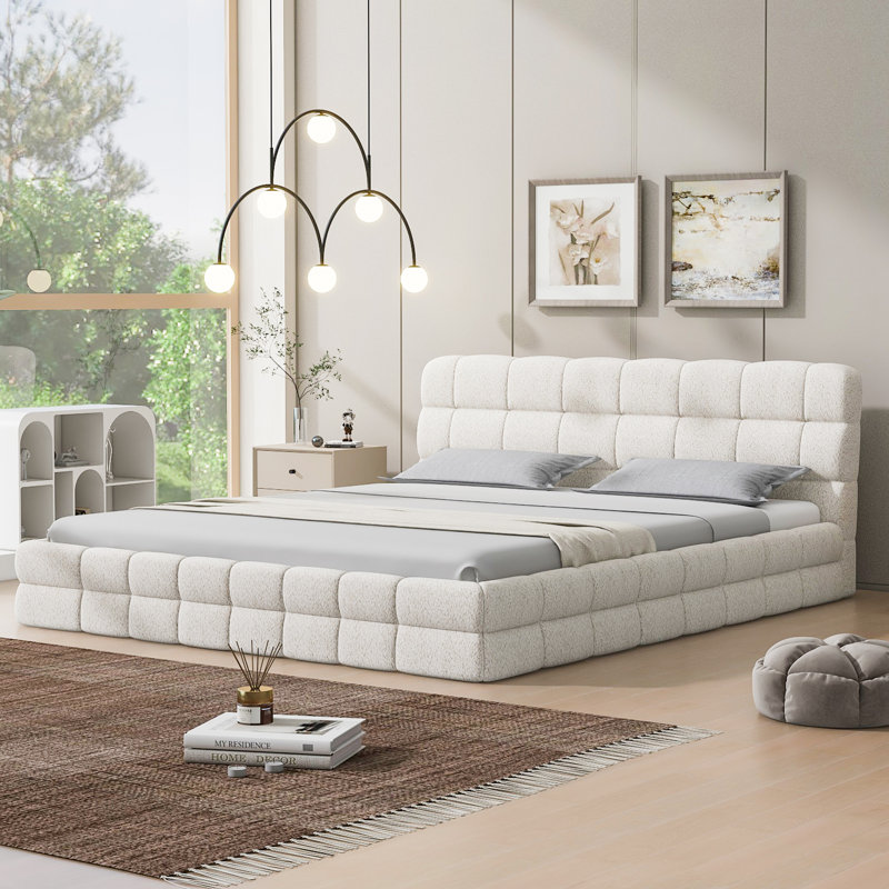 Queen Size Upholstered Platform Bed, White