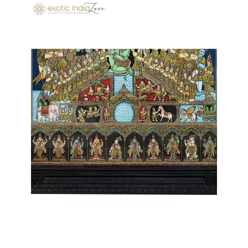 Peinture traditionnelle sri-pama Pattabhishekam | Art mural en feuille d'or 24 carats primé | Scène de couronnement Ramayana fabriquée à la main | Décoration de temple authentique | Décoration spirituelle avec ornement doré