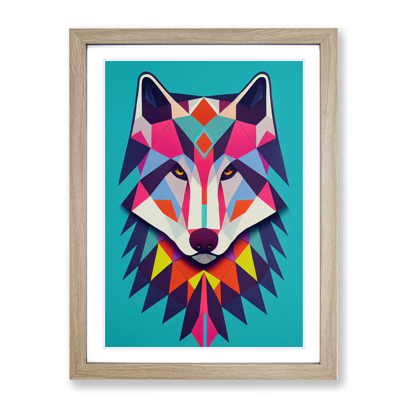 Colourful Abstract Wolf - Wall Art, 48cm H x 36cm W, Oak Framed, White