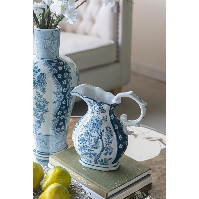 Decorative Porcelain Pitcher with Floral Patterns - 9" x 5" x 10" - Blue /White