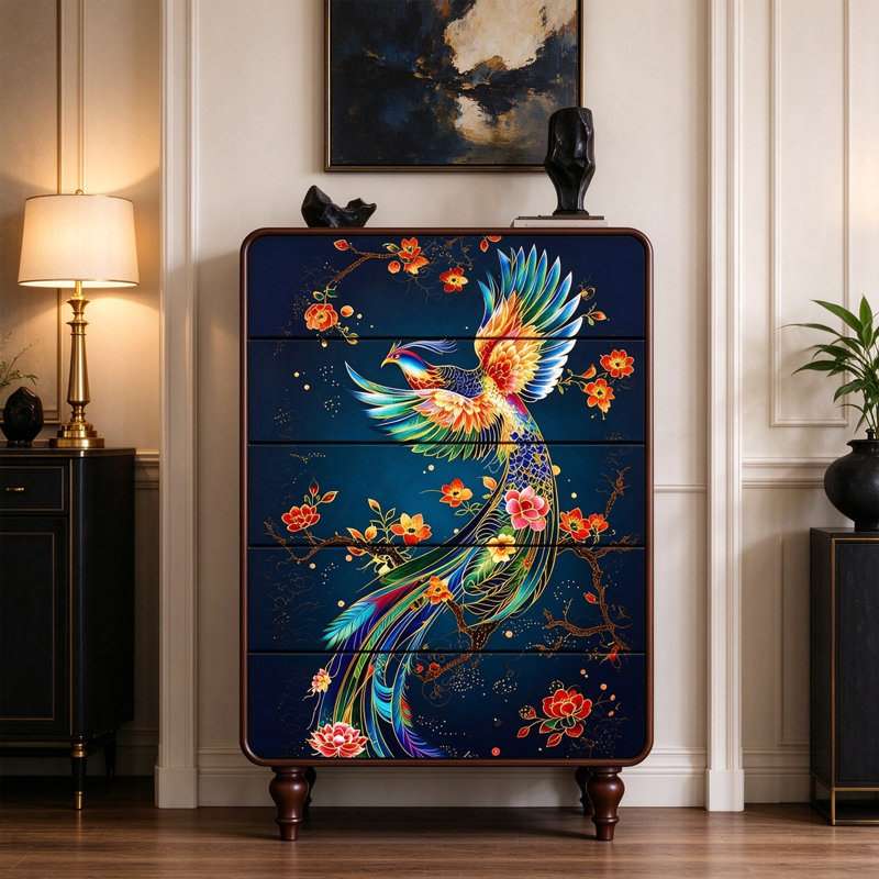 Living Room Retro Five Drawer Cabinet, Black