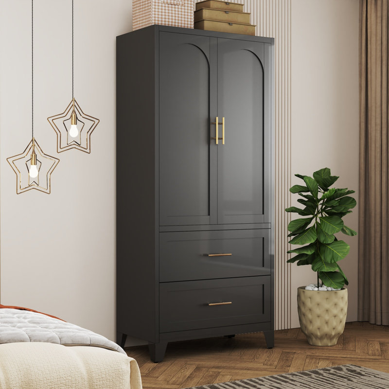 71? White Metal Wardrobe Cabinet With Drawers, Black 