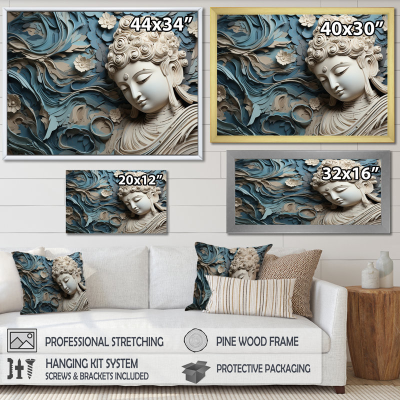 Statue religieuse bouddhisme I - décoration murale bouddhisme, H 16 po x l 32 po x P 1 po, Cadre flottant brun