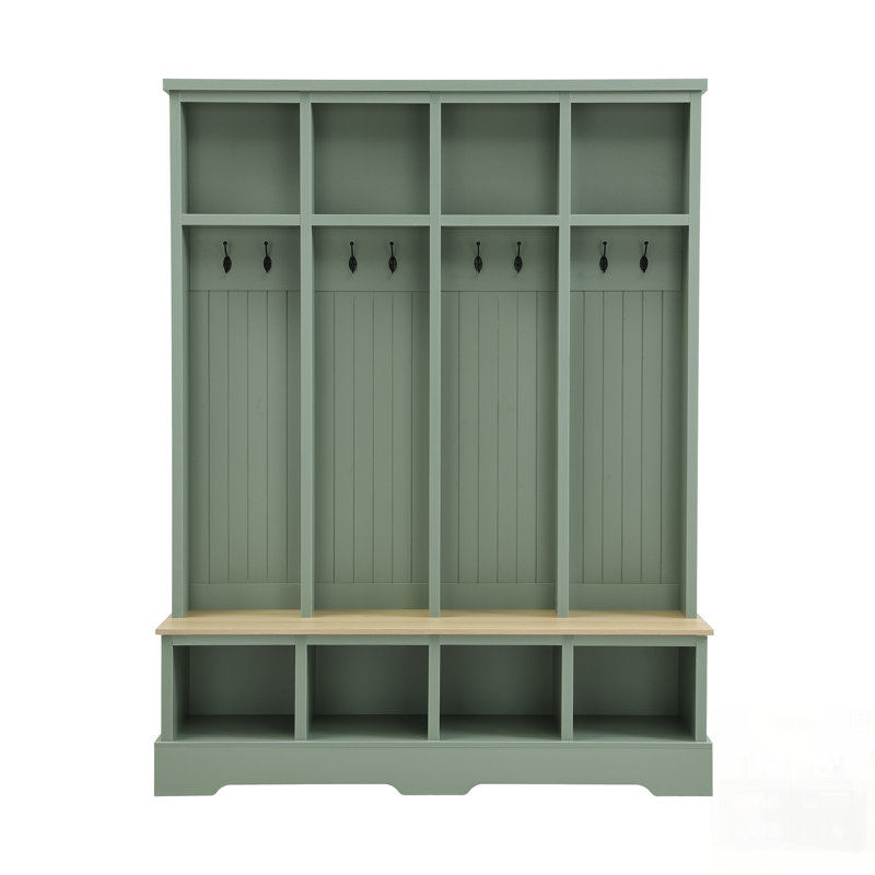 Farmhouse Wide Hall Tree With 8 Hooks, Practical Entryway Bench With Open Compartments, Green
