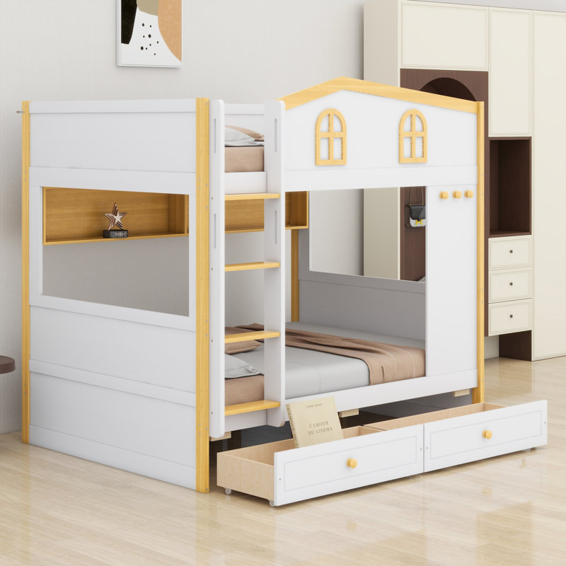 Lit superposé pour enfants avec garde-corps, tablettes et tiroirs de rangement uniques, Double sur double