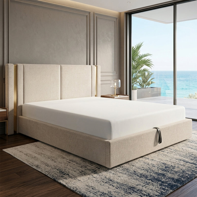 Modern Glam King Linen Upholstered Lift-Up Storage Platform Bed with Wingback Headboard and Golden Trim, Mink, King, Mink