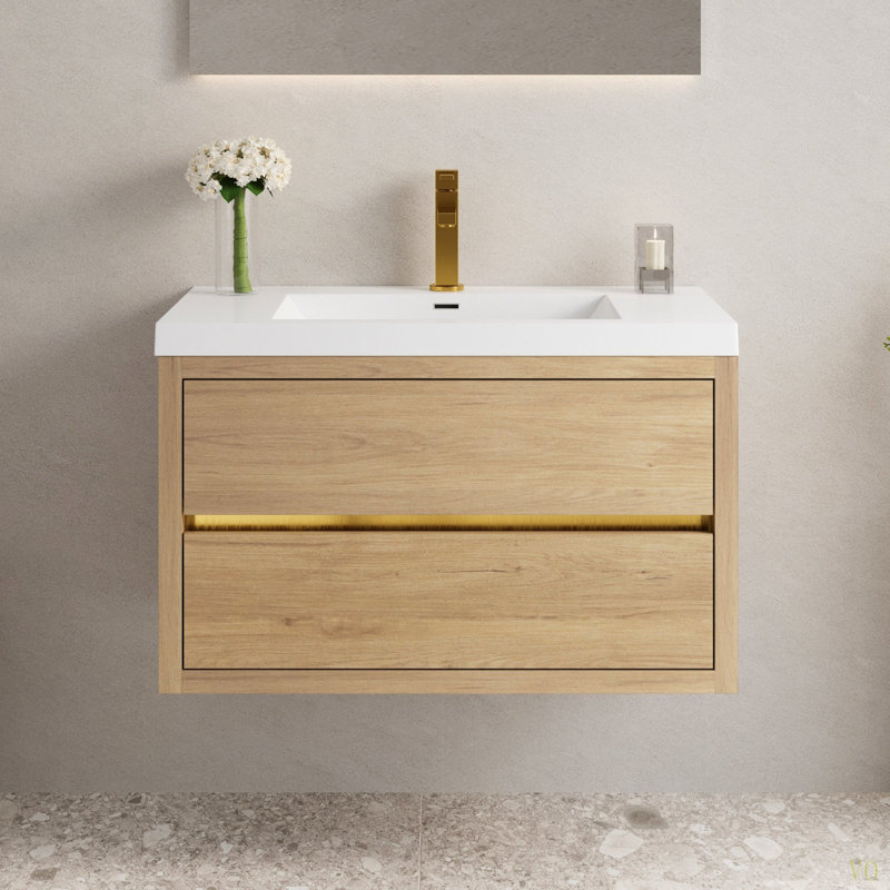 Meuble-lavabo mural 36 po avec lavabo, meuble de rangement flottant pour salle de bain avec comptoir en résine de pierre et tiroirs à fermeture en douceur
