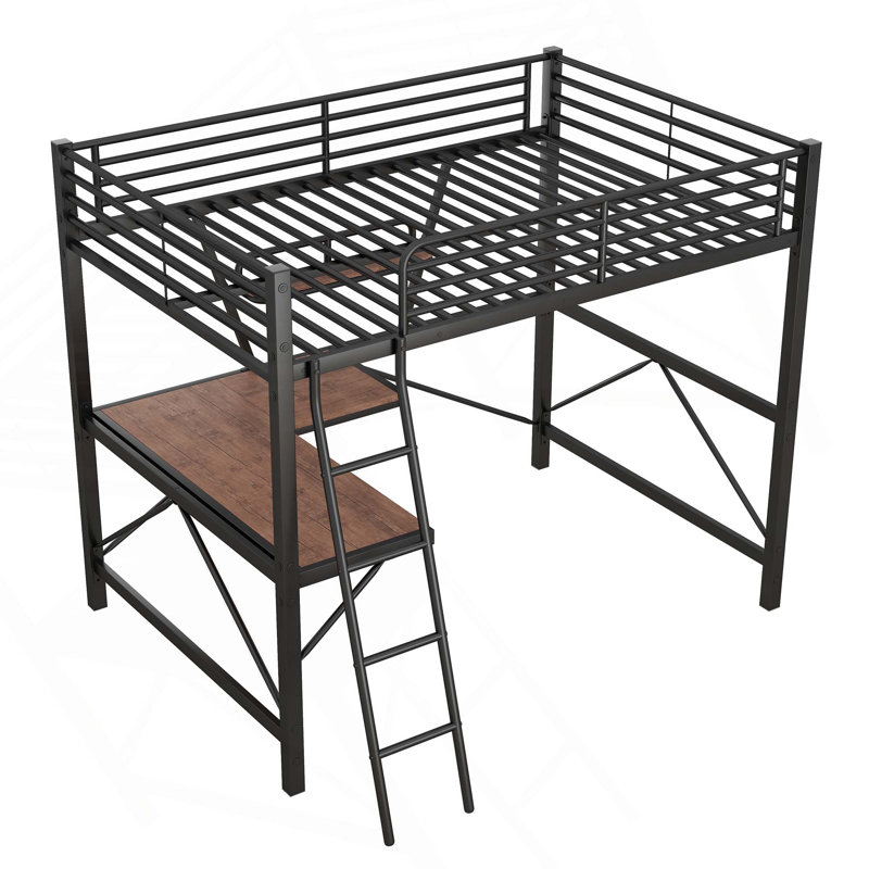 Lit en bois et panneau de fibres à densité moyenne avec bureau et tablette Loft, Lit double, Noir