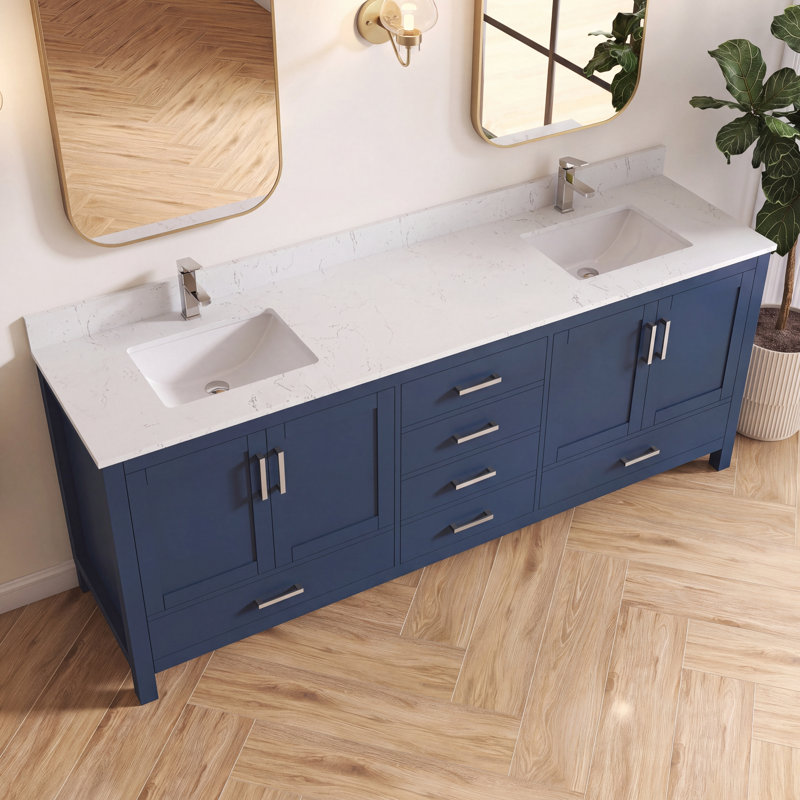 Felix 84'' Fully Assembled Double Bathroom Vanity With Engineered Marble Top and Backsplash, Blue, 84"