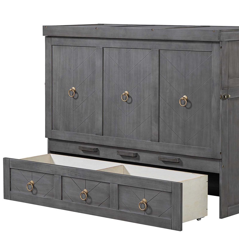Lit escamotable double avec port USB et grand tiroir, gris, Gris, Lit double