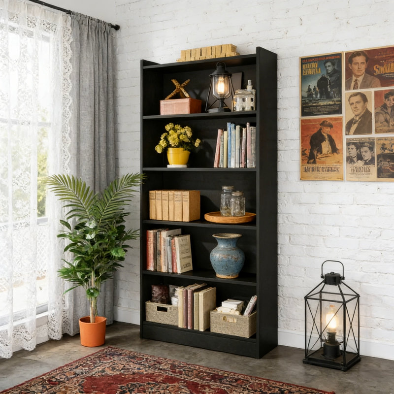 Bibliothèque en bois, bibliothèque de 72 po de hauteur avec tablettes de rangement ouvertes à 6 niveaux, Noir