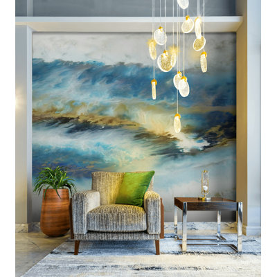 Abstract Ocean Wave Wall Mural - Blue Gold Stormy Sea Wallpaper for Home Decor