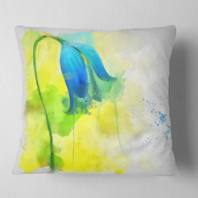 Fleur bleue avec éclaboussures jaunes - coussin à imprimé floral, 16 po x 1 po, Coussin décoratif