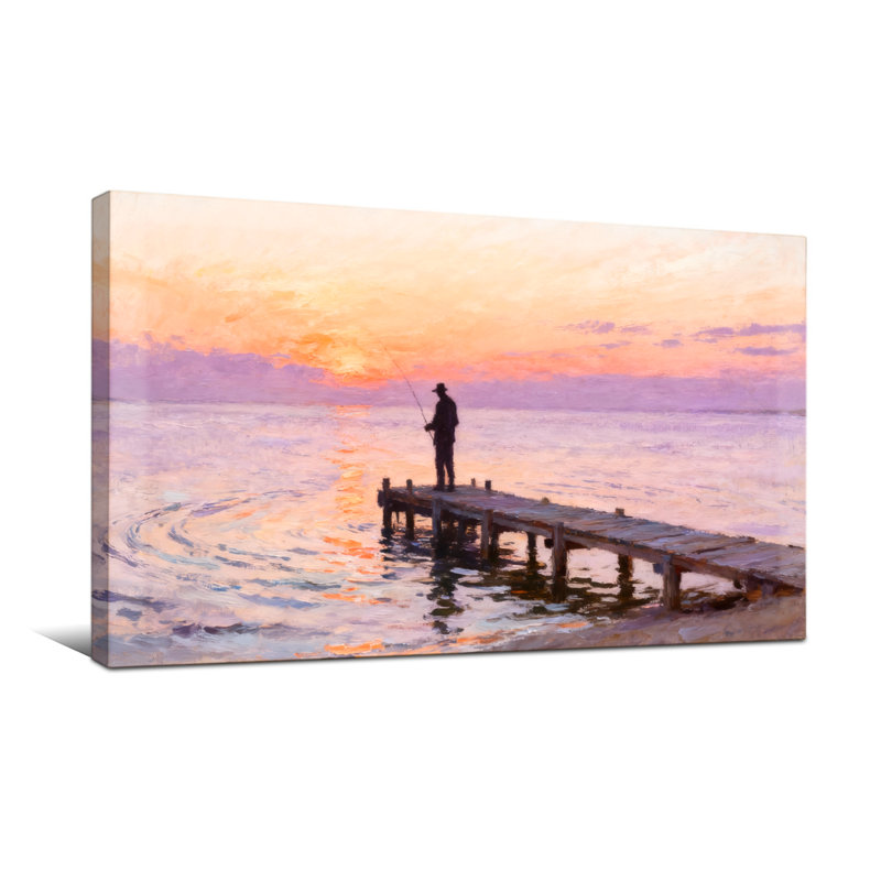 Nautique et plage, coucher de soleil, pêche, quai, eau, ciel, reflet, paisible, scène, H 16 po x l 32 po