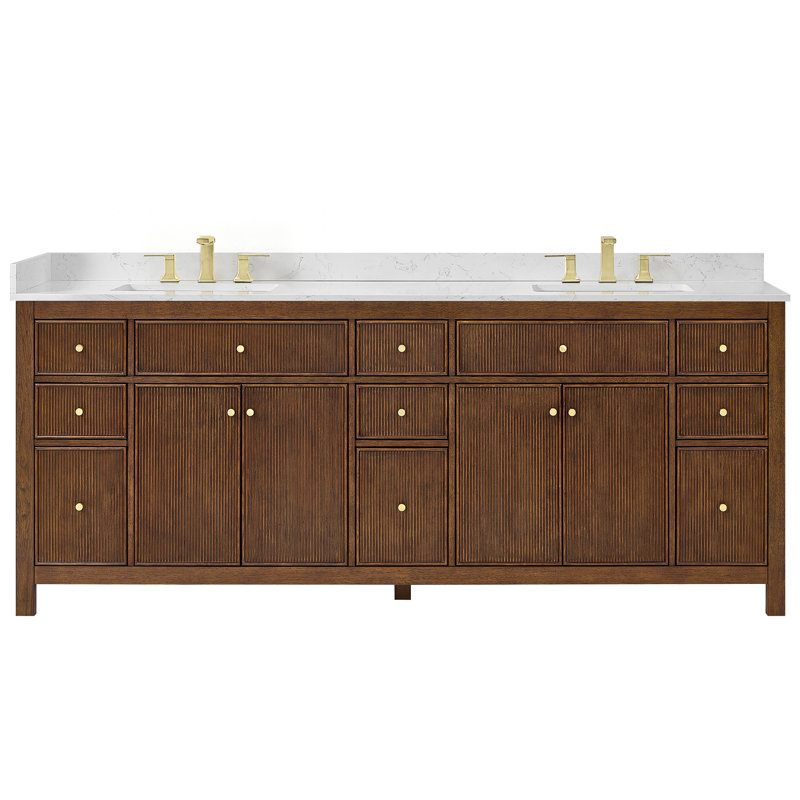 Pendry 84" Freestanding Double Bathroom Vanity with Top, Dark Walnut, Brushed Nickel, Giotto Quartz