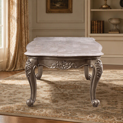 Transitional Style Marble Top Coffee Table - Champagne Finish, Poplar Wood Frame with Raised Scrolled Trim for Living Room