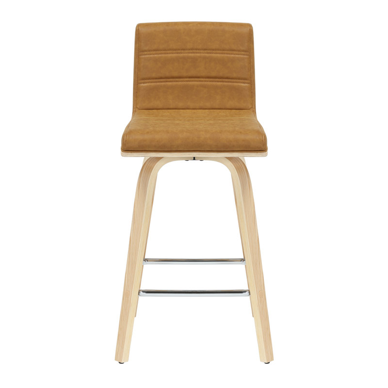 Werth 35.5 In. H Swivel Counter Height Camel Square Back Wood Bar Stool With Faux Leather Seat, Camel, 35.5"