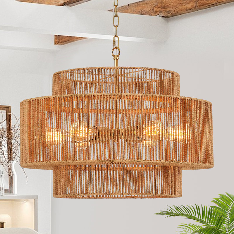 6-light Boho Hand Woven Drum Rattan Chandelier, 6, 3, Gold