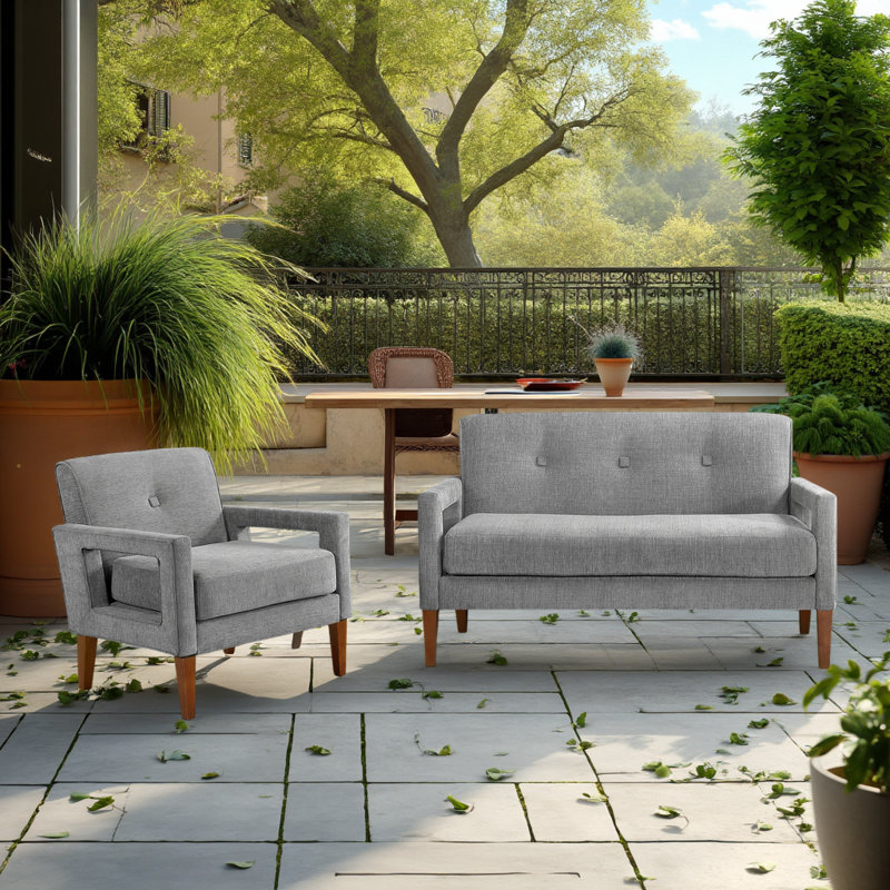 Ensemble de salle à manger d'extérieur moderne 2 pièces, causeuse et chaise en chenille avec pieds en bois massif, Gris