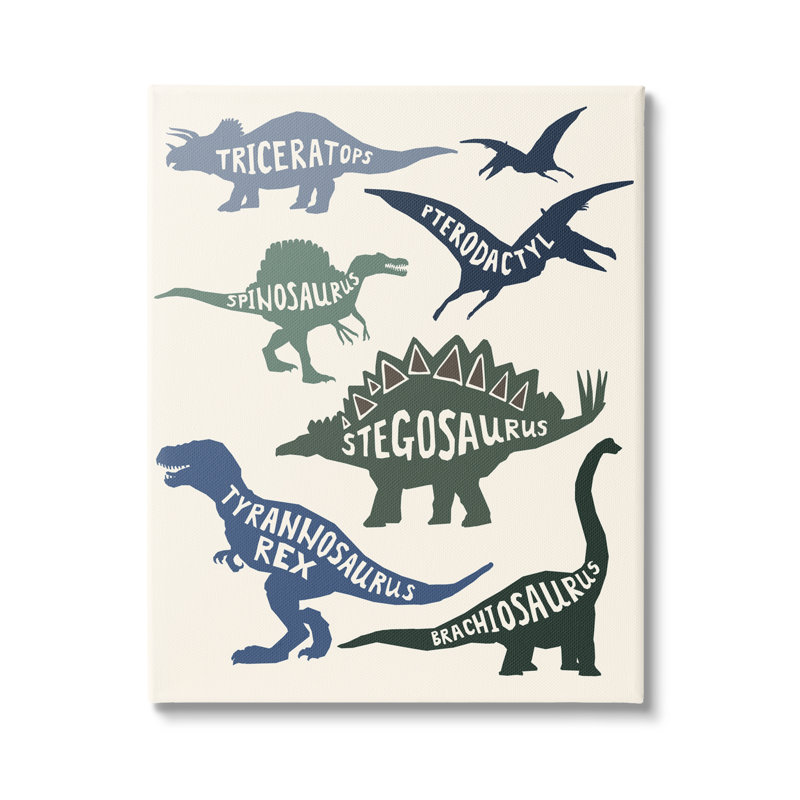 " Simple Dinosaur Types Silhouette Names Diagram " by Lil' Rue, Wrapped Canvas, 20" H x 16" W