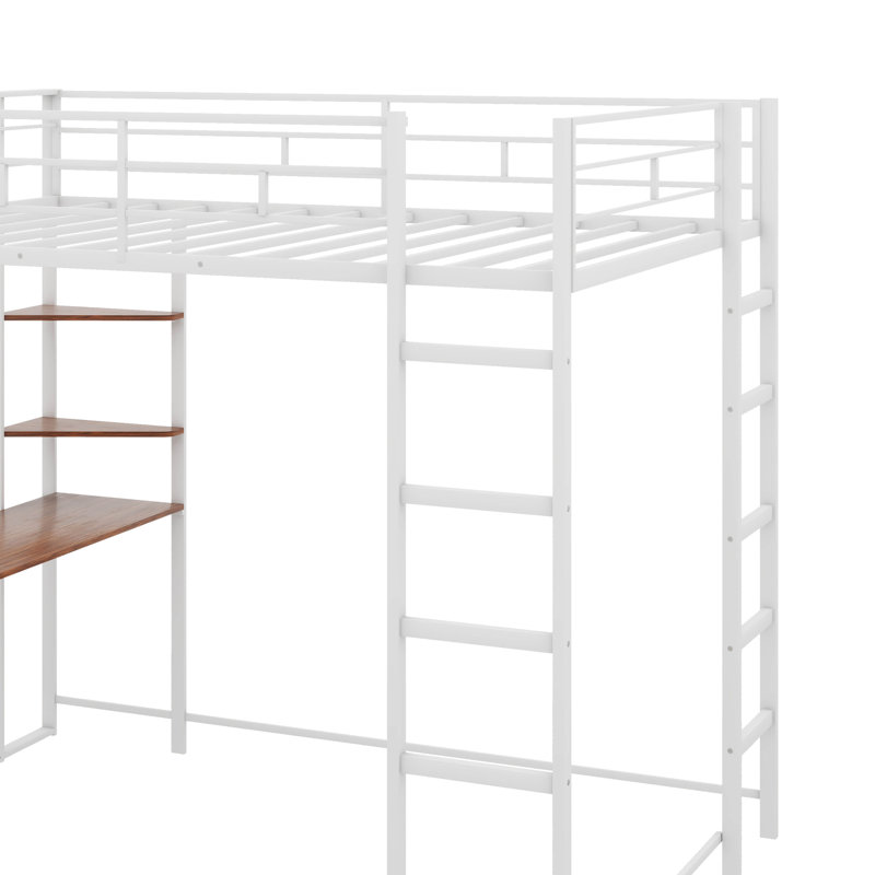 Un lit mezzanine en métal équipé de deux tablettes et d'un bureau pour plus de rangement et de fonctionnalité, Double, Blanc